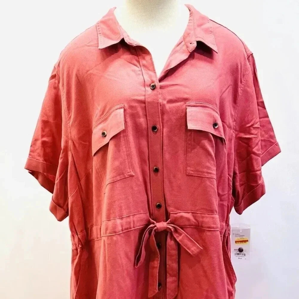 NWT CROFT & BARROW Women Short Sleeve Pullover Collared Draw String Dress Sz 3X
